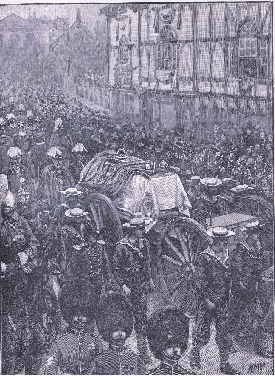 Pohřeb královny, poslední fáze, ilustrace z Cassells History of England, 1900s od Henry Marriott Paget