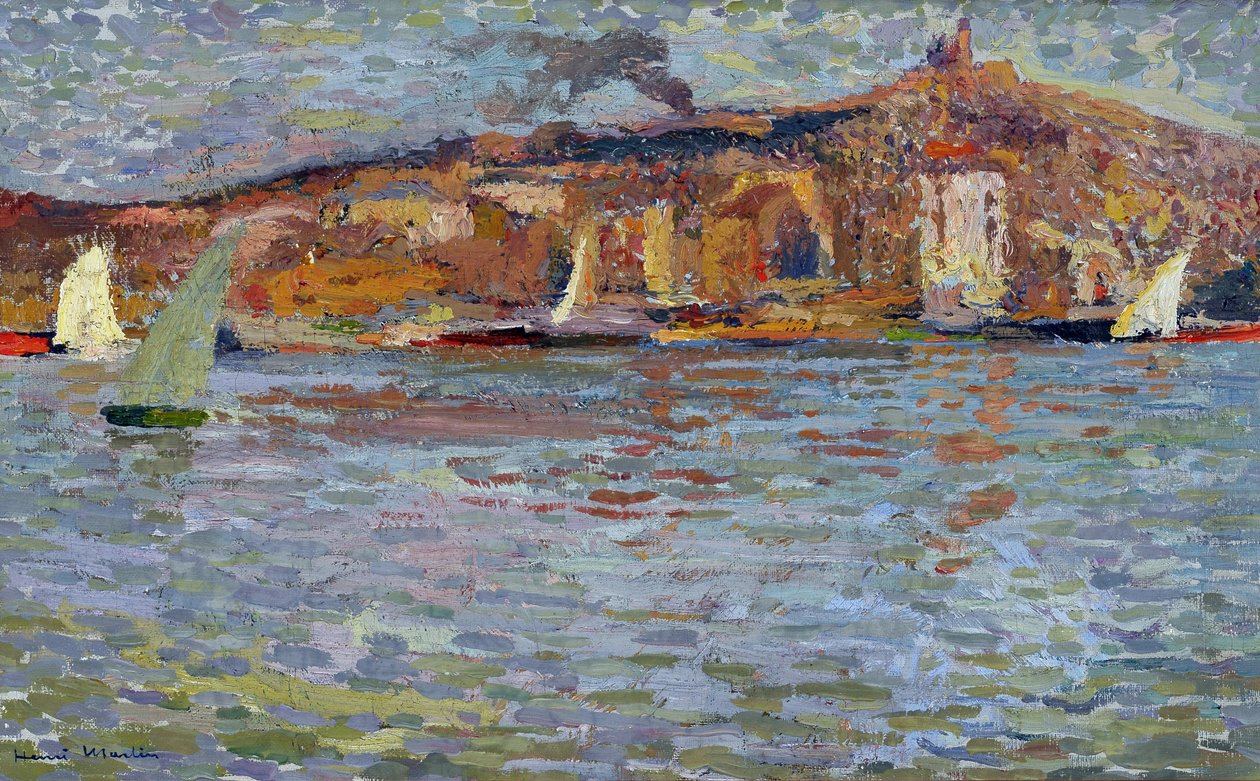 Přístav Marseille, starý přístav a „Dobrá matka“ (Catedral Notre Dame de la Garde (Notre-Dame-de-la-Garde). Malba Henriho Martina (1835-1908). Olej na plátně. Rozměr: 38x61 cm Povinná zmínka: Regards de Provence Foundation collection, Marseille od Henry Martin