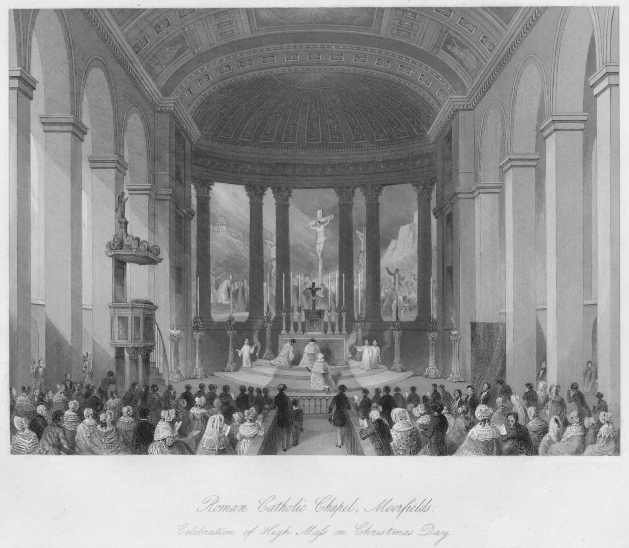 Římskokatolická kaple, Moorfields. Oslava vysoké mše na Štědrý den, c1841 od Henry Melville