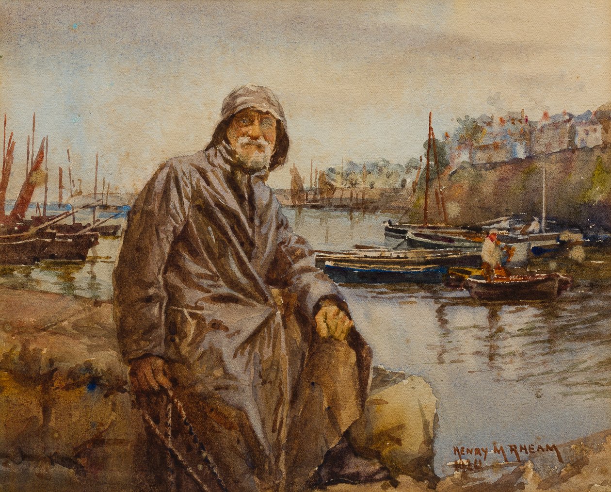 Rybář na zdi přístavu Newlyn, 1920 (čb na papíře) od Henry Meynell Rheam