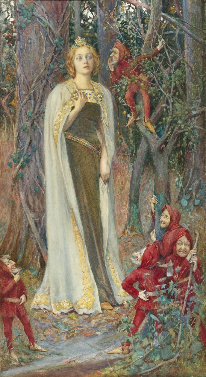Předrafaelské malby: Tenkrát (Sněhurka) (Blanche Neige) par Rheam, Henry Meynell (1859-1920). Akvarel, kvaš na papíře, 78x43. Soukromá sbírka od Henry Meynell Rheam