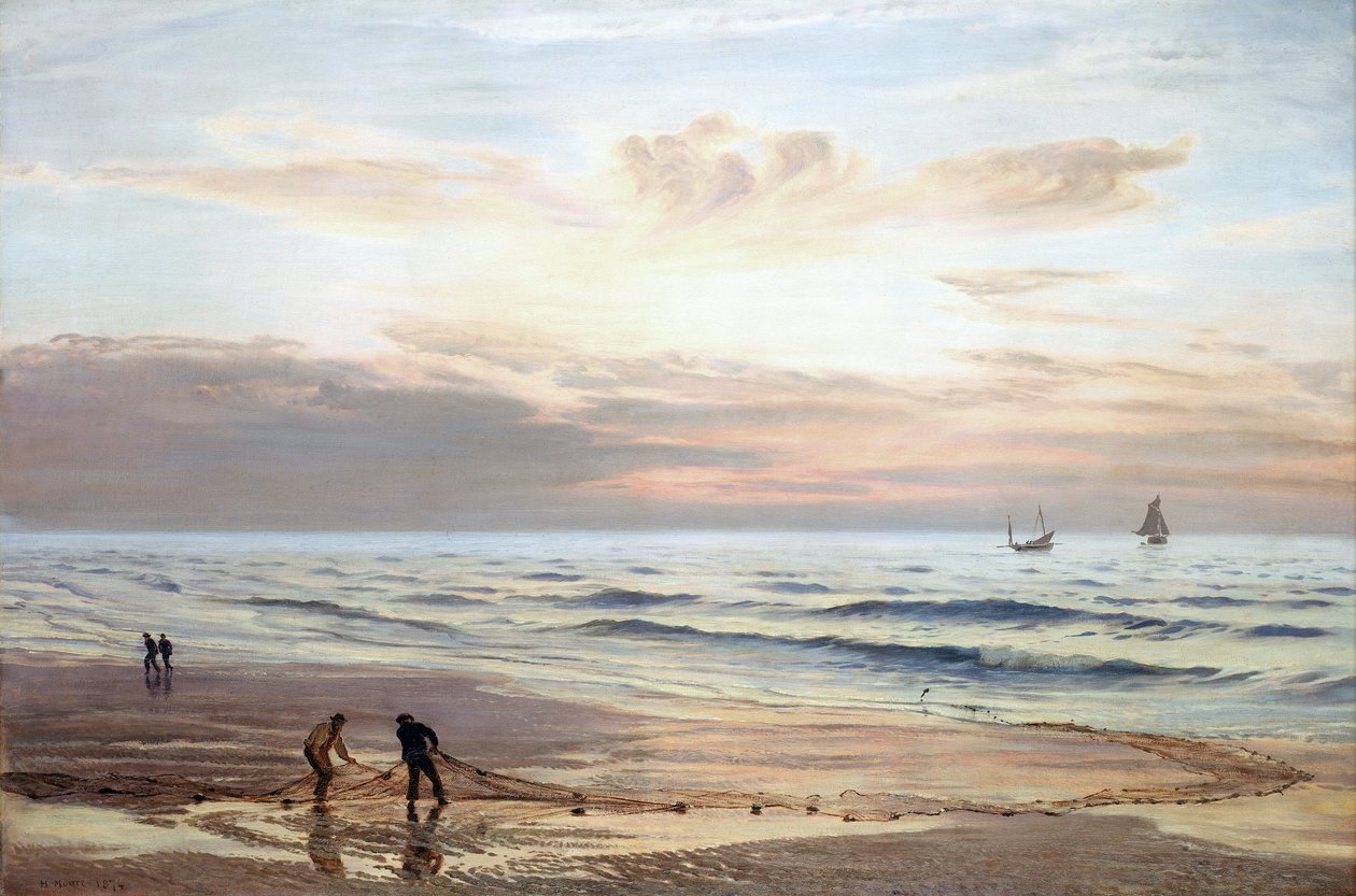 Rybáři vytahují sítě na pobřeží severního Walesu. Olej na plátně od Henry Moore