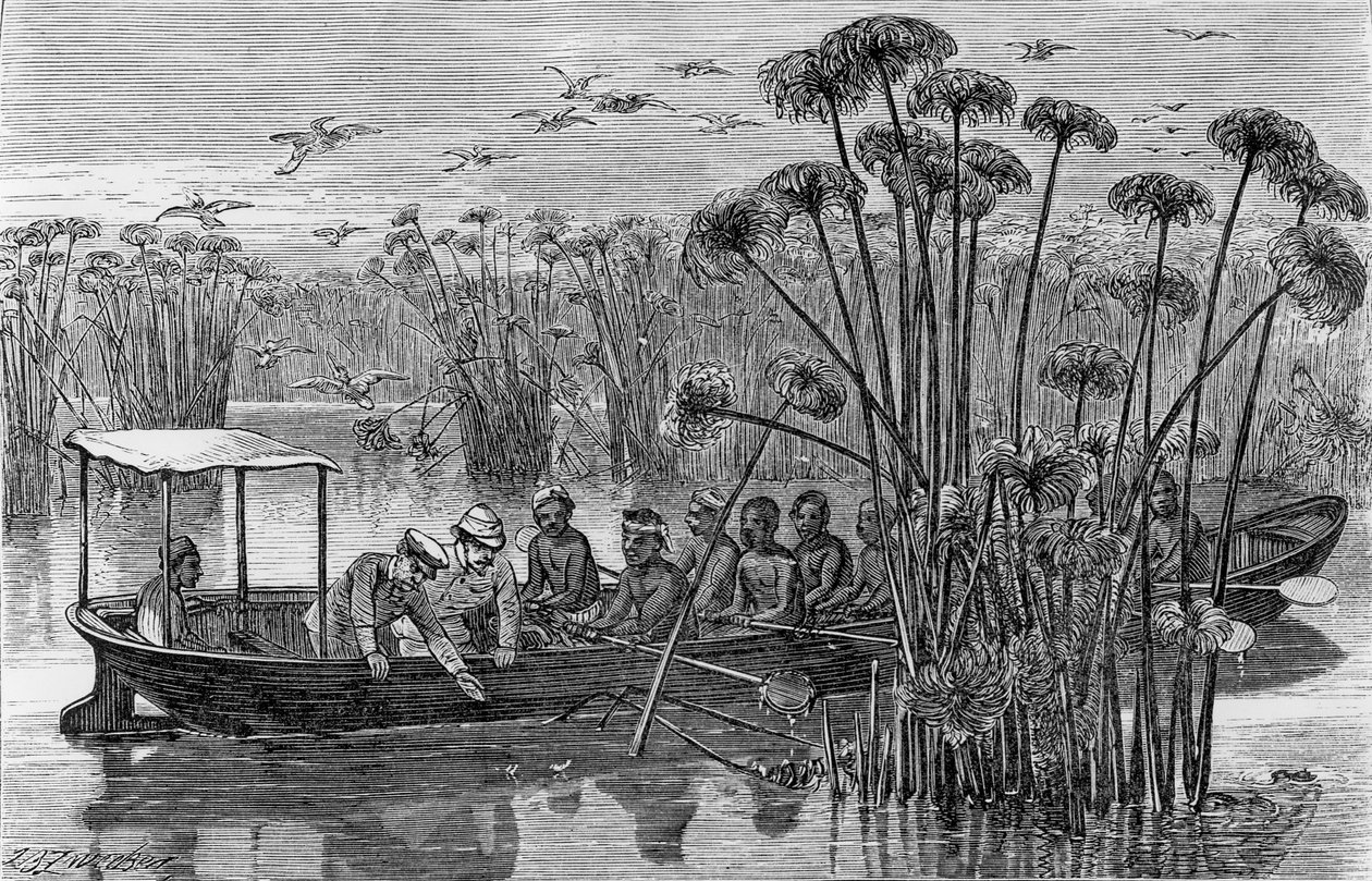 U ústí řeky Rusizi, z knihy "Jak jsem našel Livingstona; cesty, dobrodružství a objevy ve střední Africe", 1867. od Henry Morton Stanley