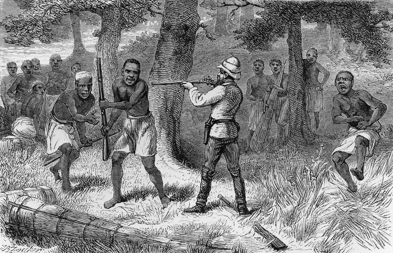 Domorodci vzbouřící se na březích řeky Gombe, Tanzanie, rytina z knihy Jak jsem našel Livingstone: cesty, dobrodružství a objevy ve střední Africe, Henry Morton Stanley (1841-1904), Sampson Low, Marston, Low a Searle edition, Londýn od Henry Morton Stanley