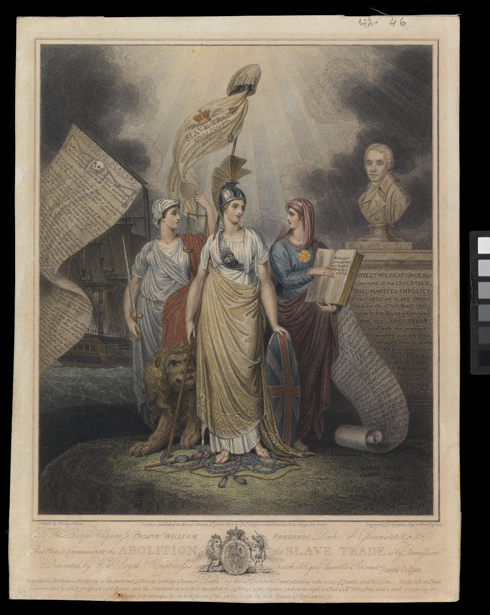 Pamětní deska ke zrušení obchodu s otroky, 4. června 1808 (ručně kolorovaná rytina) od Henry Moses