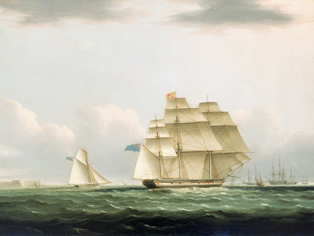 Jachta "Royal Sovereign" s vévodkyní z Clarence na palubě opouští Portsmouth, aby si prohlédla hostující ruskou eskadru kotvící ve Spitheadu, 8. srpna 1827, asi 1830 (olej na plátně, rám) od Henry Moses
