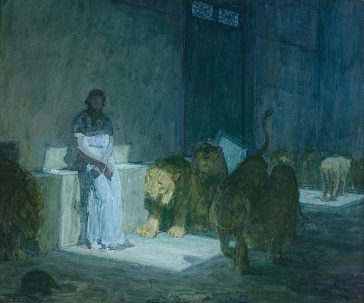 Daniel v jámě lvů, 1907-18 (olej na papíře na plátně) od Henry Ossawa Tanner