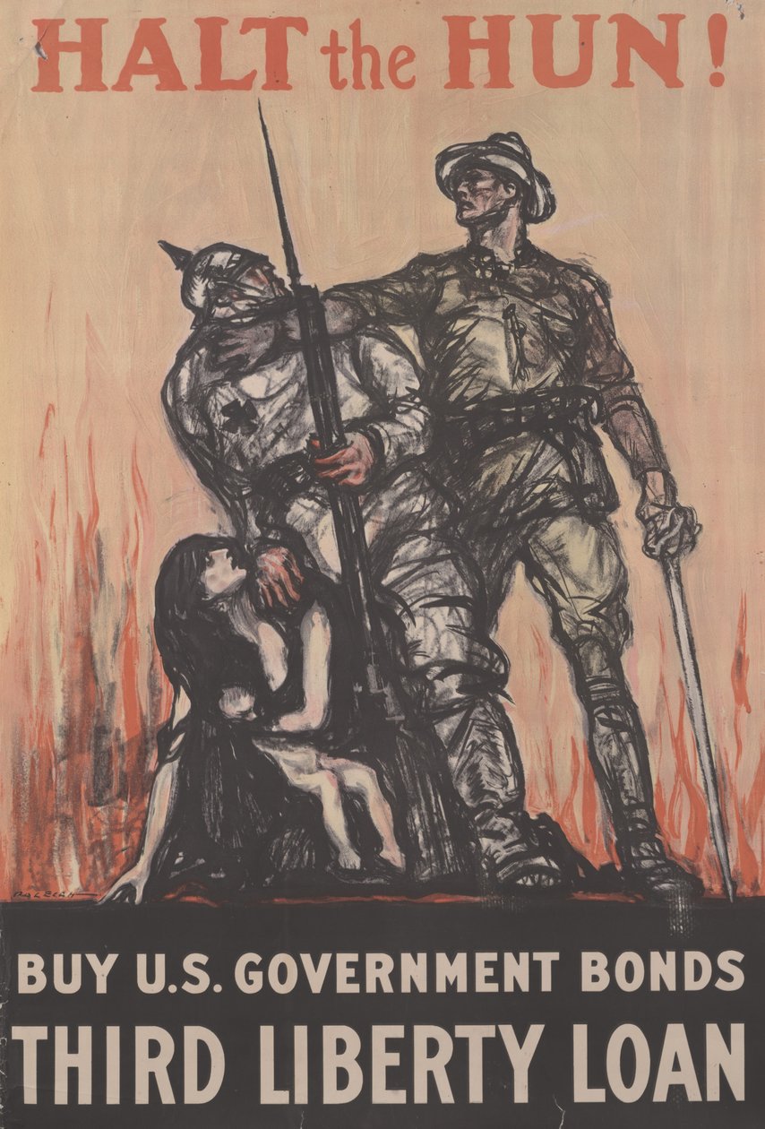 Zastavte Huna! Koupit státní dluhopisy USA, třetí půjčka na svobodu, kolem roku 1918 (barevné lito) od Henry Patrick Raleigh