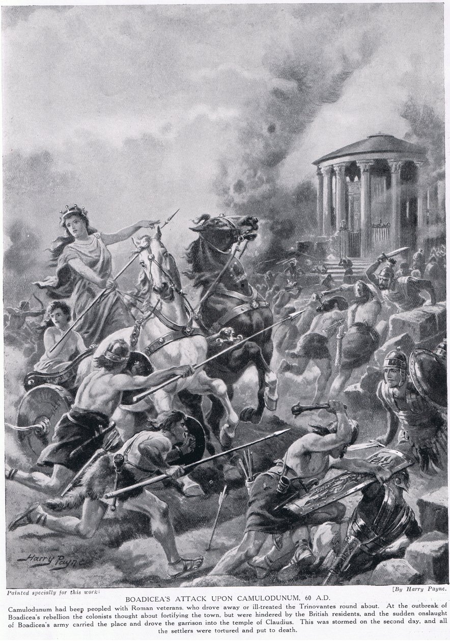 Boadicein útok na Camulodunum, ilustrace z "Hutchinson