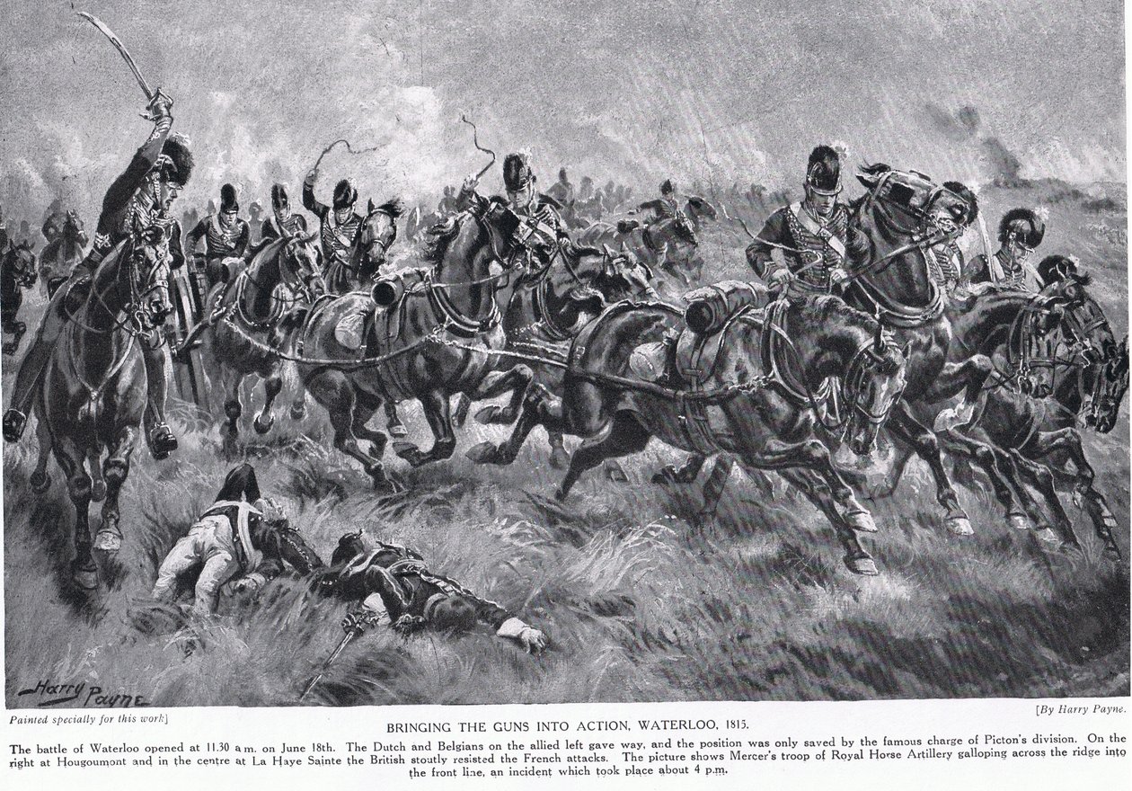 Uvedení zbraní do akce, Waterloo, ilustrace z „Hutchinsonova příběhu britského národa“ od Henry Payne