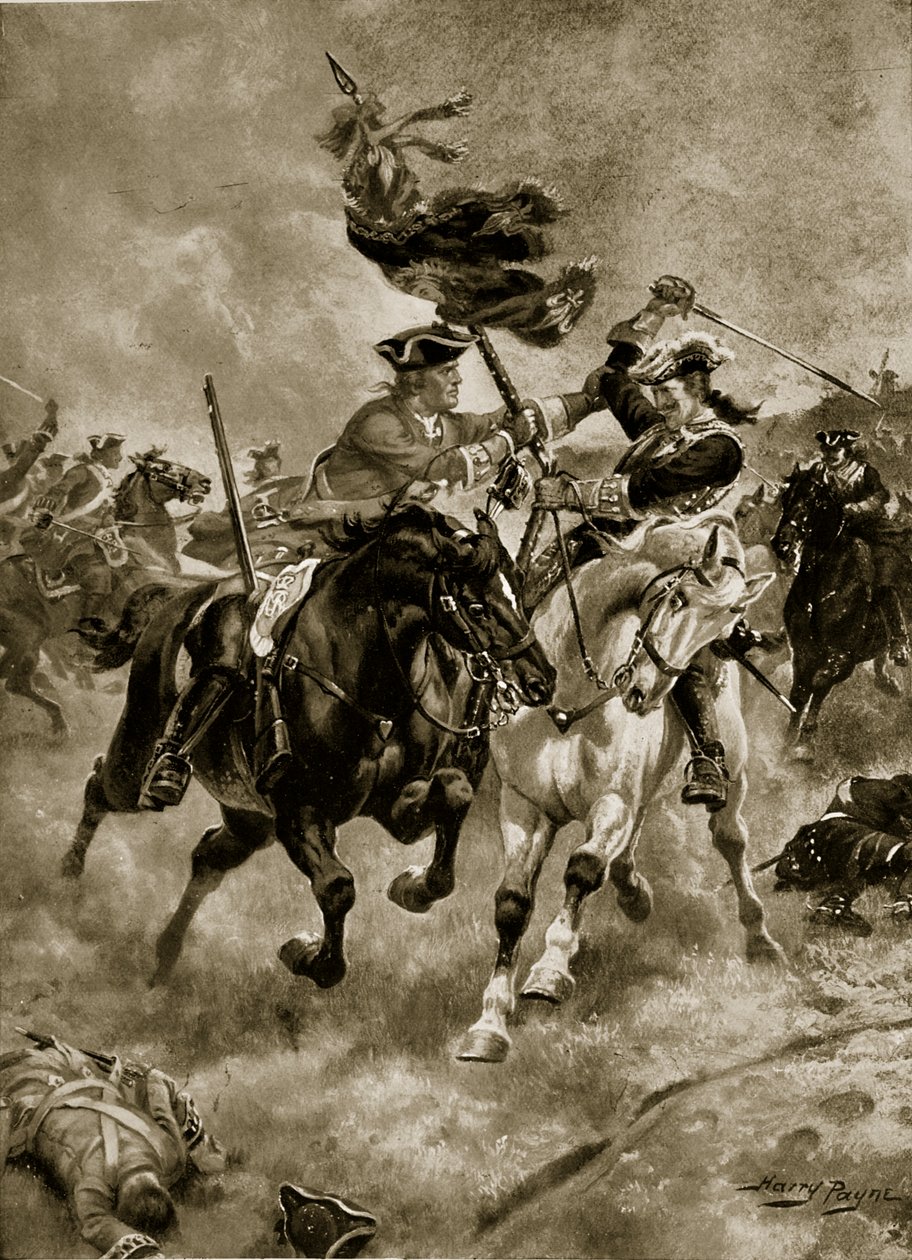 Bitva o Blenheim: Kavalérie v akci, ilustrace z „Hutchinsonova příběhu britského národa“, kolem roku 1923 od Henry Payne