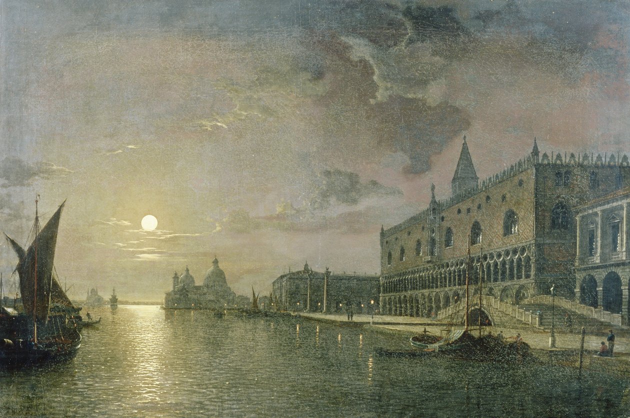 Měsíčný pohled na Bacino Di San Marco, Benátky, s Dóžecím palácem od Henry Pether