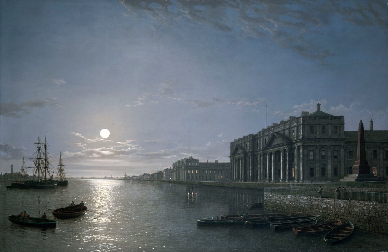 Temže a Greenwichská nemocnice za svitu měsíce, asi 1854-65 (olej na plátně) od Henry Pether