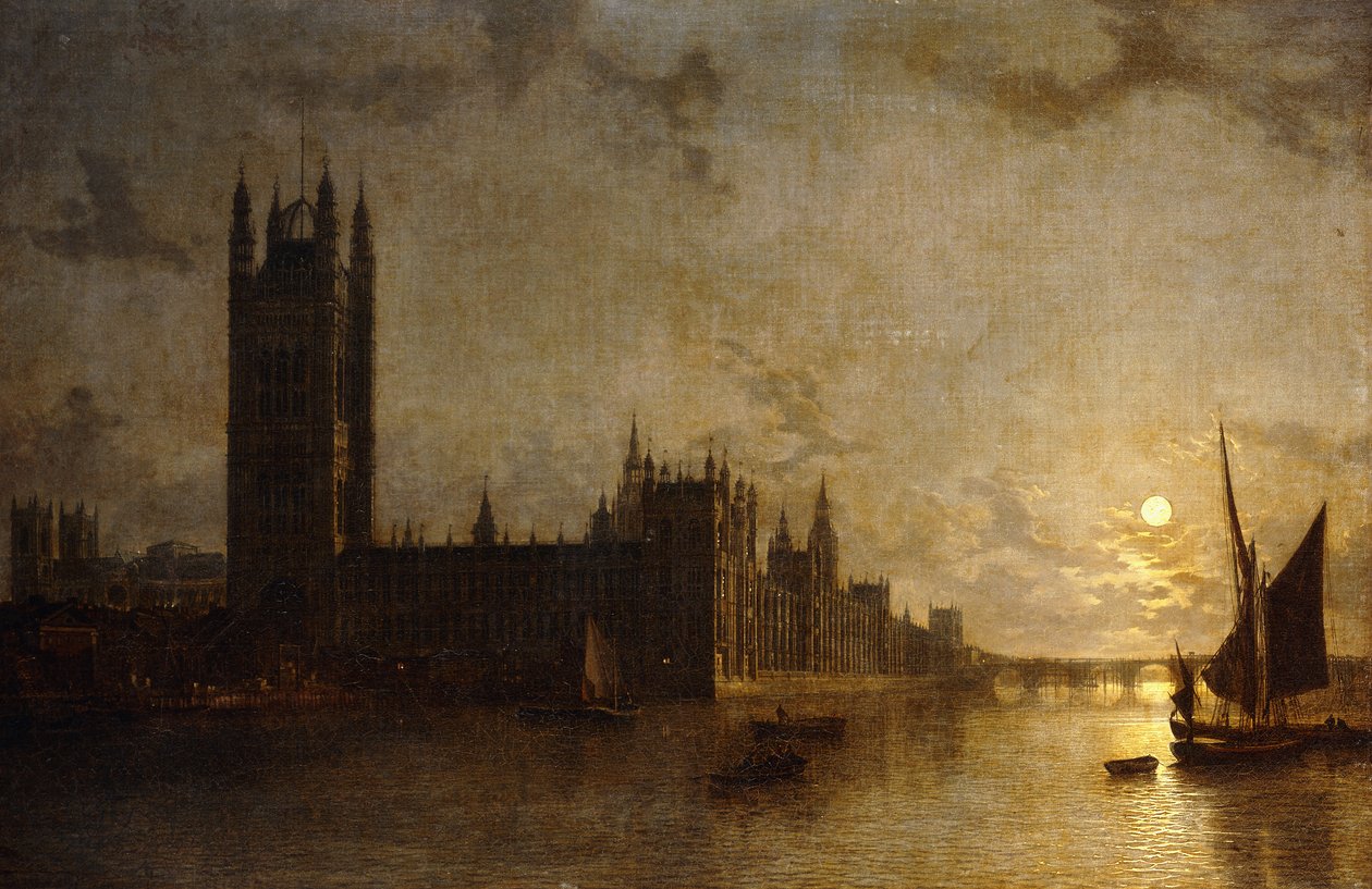 Westminsterské opatství, budovy parlamentu s výstavbou Westminsterského mostu, 1859 od Henry Pether