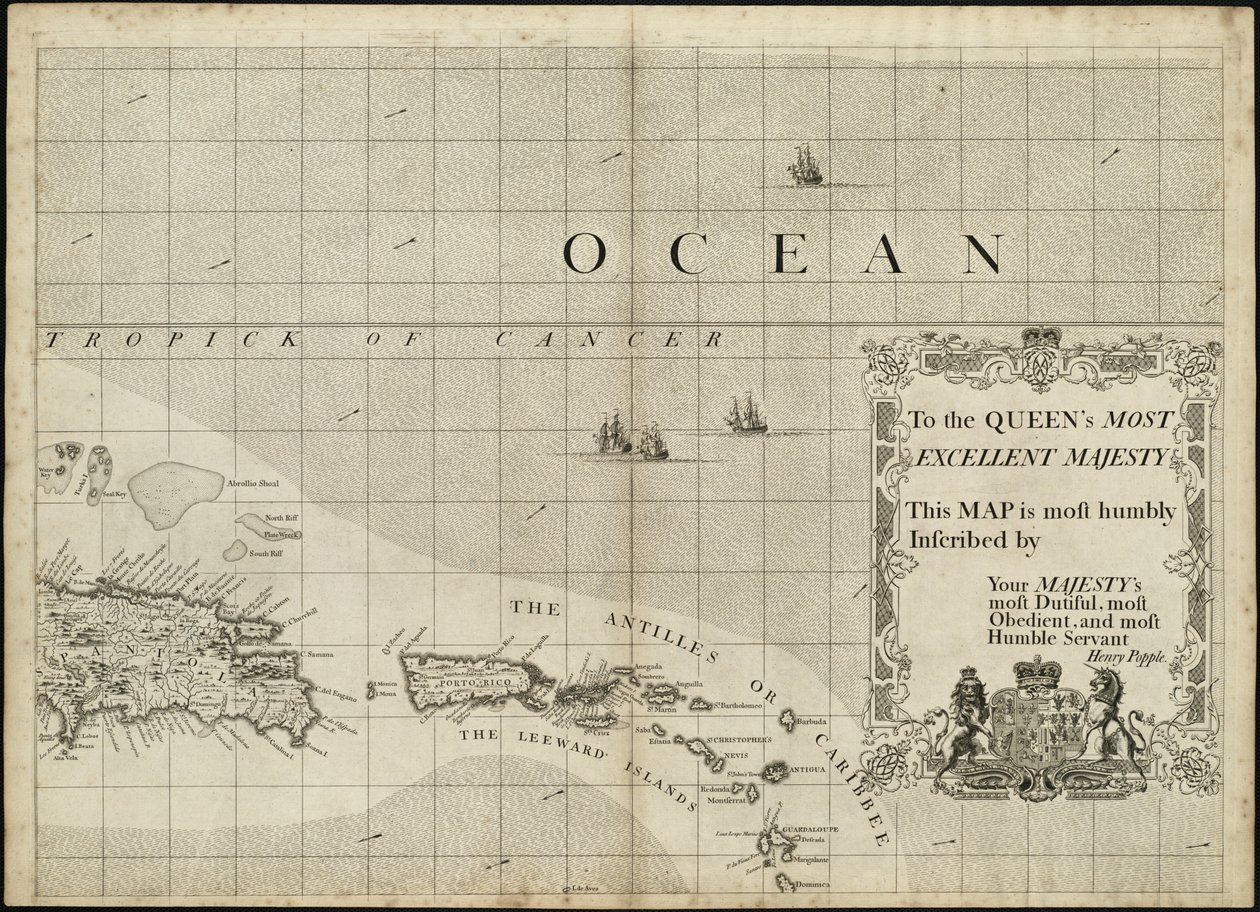 Mapa Britského impéria v Americe s přilehlými francouzskými a španělskými osadami od Henry Popple