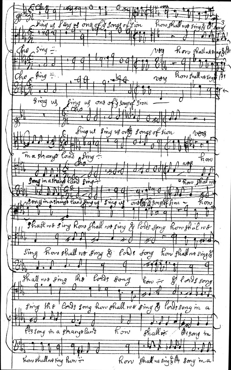Autogram rukopisu partitury k žalmu 137 Jak budeme zpívat píseň pánů v cizí zemi, před rokem 1683 od Henry Purcell