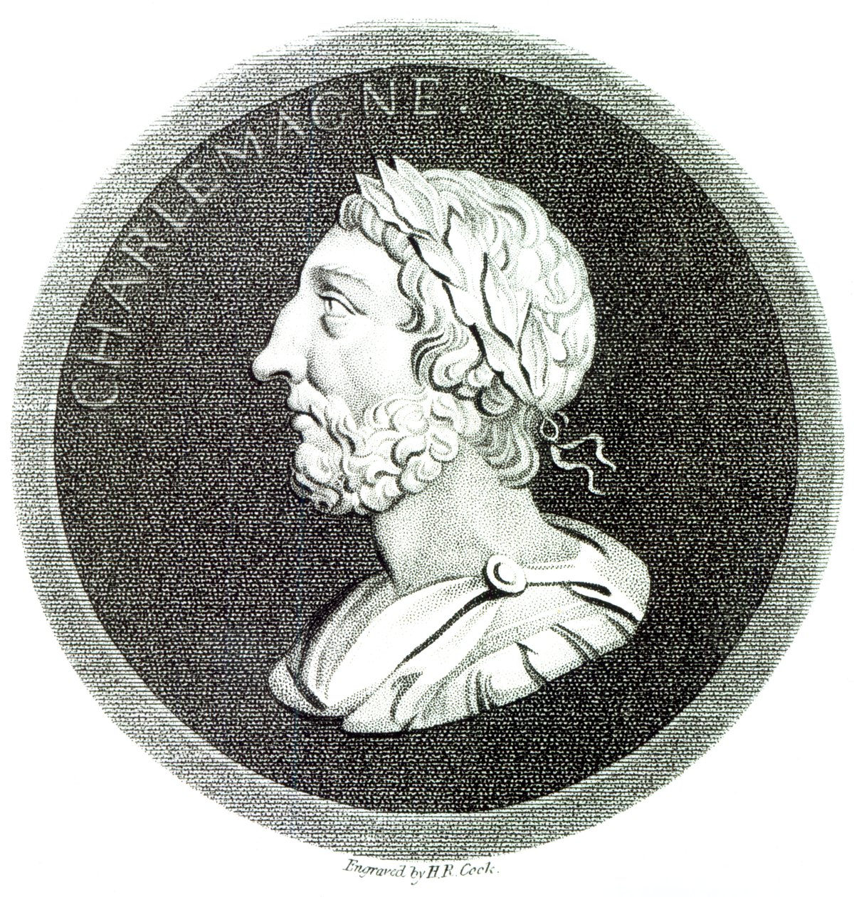 Portrét Karla Velikého, z „Dějiny úpadku a pádu Římské říše“, svazek 4, strana 121, Edward Gibbon, 1808 od Henry R. Cook