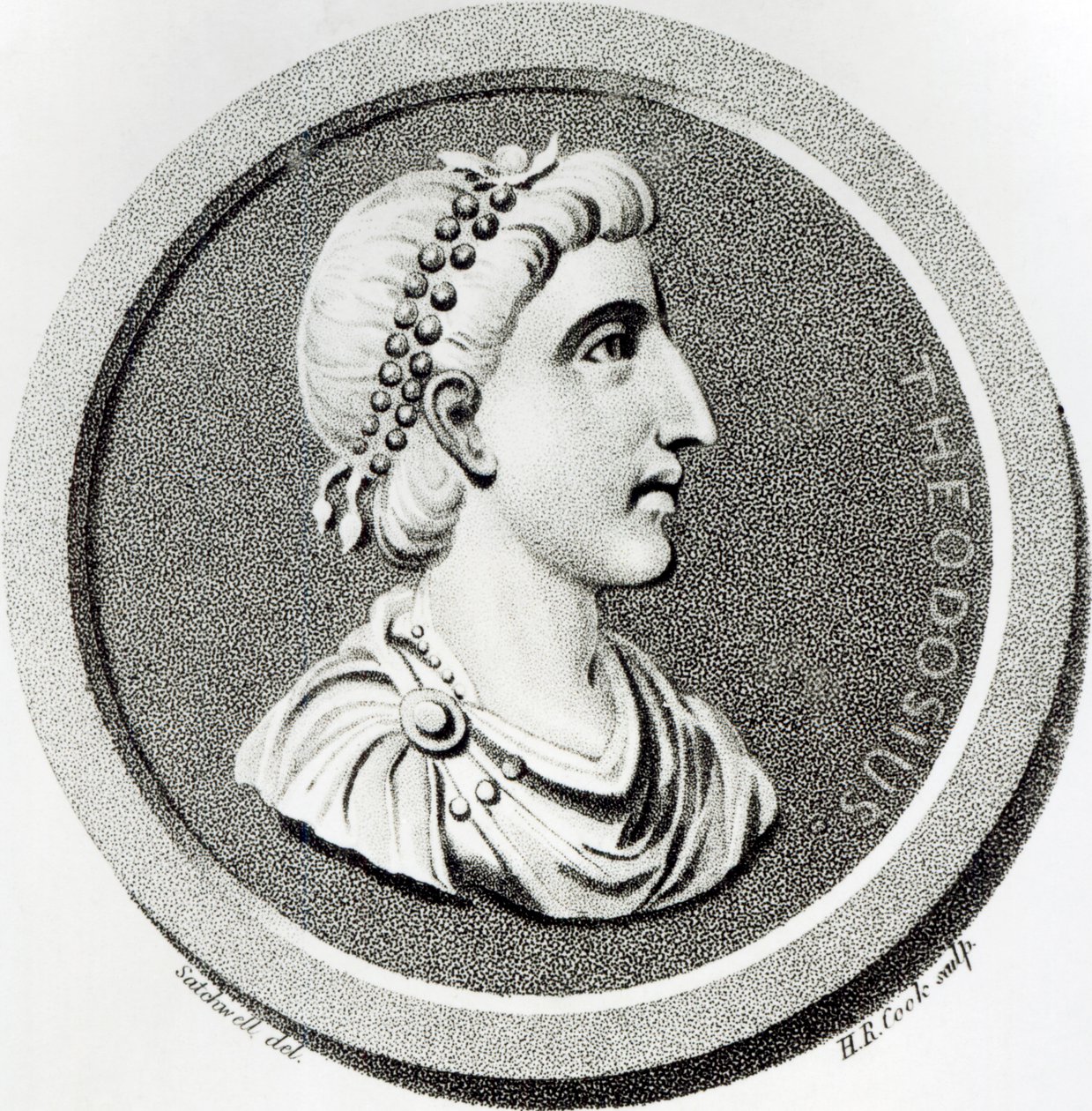 Portrét Theodosia, z „Dějiny úpadku a pádu Římské říše“, svazek 9, strana 139, Edward Gibbon, 1808 od Henry R. Cook