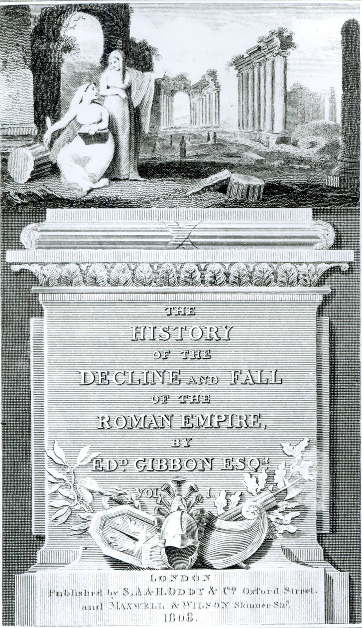Titulní strana knihy „Historie úpadku a pádu Římské říše“, od Edwarda Gibbona, svazek 1, 1808 od Henry R. Cook