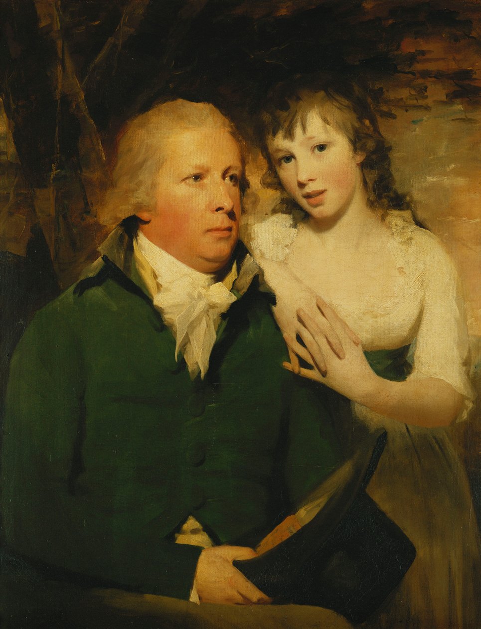 Portrét sira Alexandra Dona, sedícího napůl dlouhého, sedícího v zeleném kabátě se svou dcerou Elizabeth, opřenou o jeho rameno, od Henry Raeburn