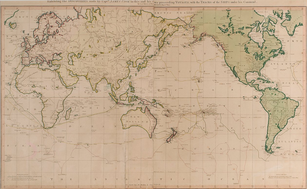 Generální mapa zobrazující objevy, které učinil kapitán James Cook během této a dvou předchozích plaveb, s vyznačením tras lodí pod jeho velením. Poručík Roberts z námořnictva Jeho Veličenstva od Henry Roberts