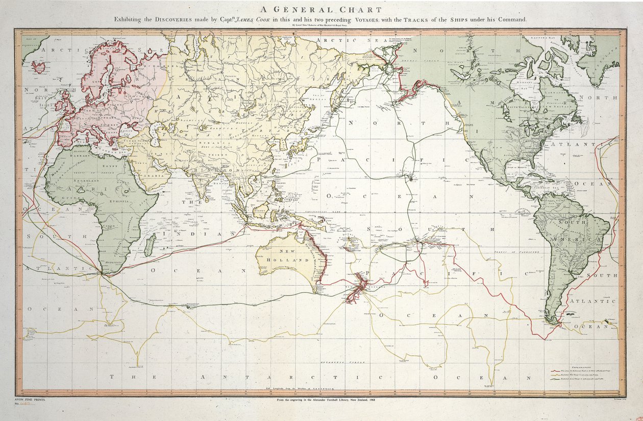 Generální mapa zobrazující objevy, které učinil kapitán James Cook během této a dvou předchozích plaveb, s vyznačením tras lodí pod jeho velením. Poručík Roberts z námořnictva Jeho Veličenstva od Henry Roberts