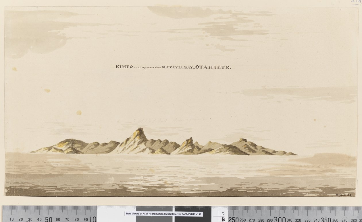 Strana 25aa Eimeo, jak se zdá z Matavai Bay, Otahiete, 1768-75 (pero, inkoust a mytí) od Henry Roberts