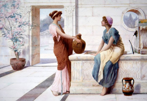Gossip, cca 1895 (akvarel na palubě) od Henry Ryland