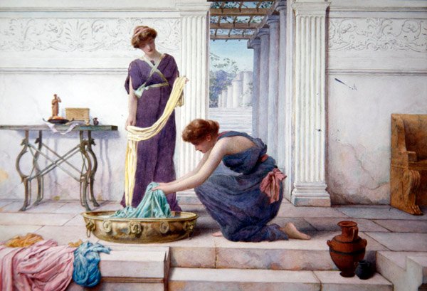 Household Duties, c.1895 (akvarel na papíře položeném na palubě) od Henry Ryland