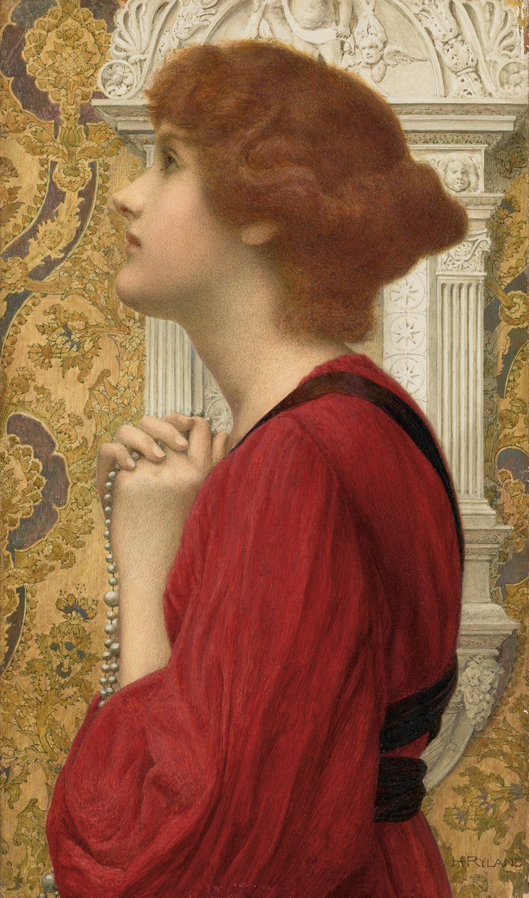 The Guarded Flame (tužka, akvarel a tělová barva zvýrazněná arabskou gumou na papíře položeném na panelu) od Henry Ryland