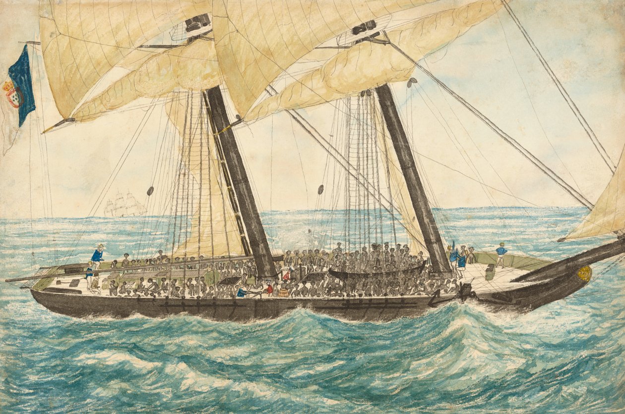 Portugalský otrokář Diligenté zajatý H.M. Sloop Pearl s 600 otroky na palubě, květen 1838. od Henry Samuel Hawker