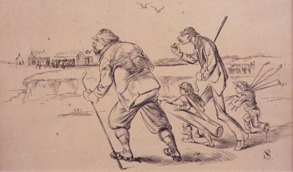 Golfisté na tréninku na pláži, ilustrace z časopisu 