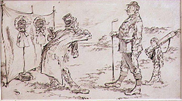 Rušení golfisty prodavačem, ilustrace do časopisu Graphic, hospoda. c, 1870 od Henry Sandercock