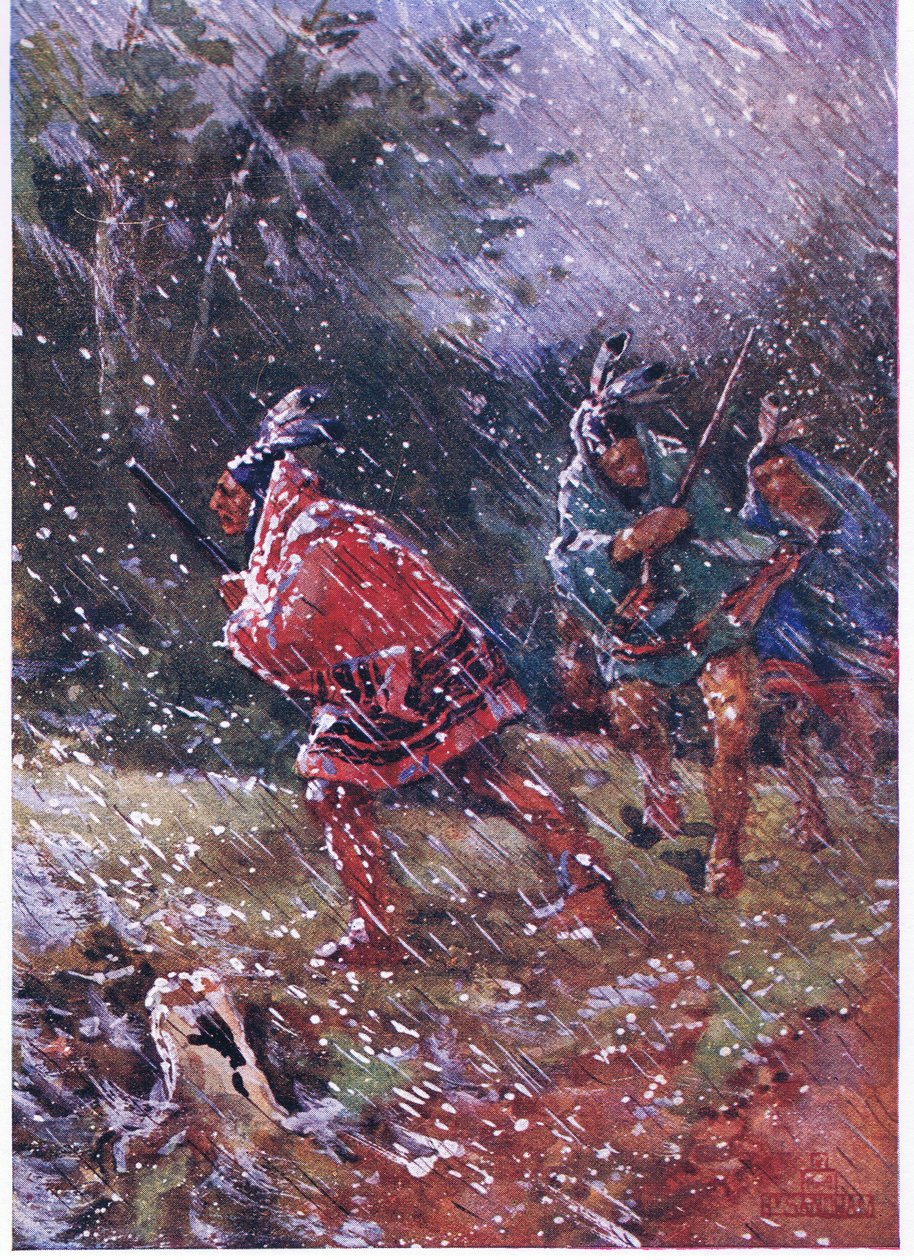 Rudí indiáni loví ve sněhové bouři od Henry Sandham