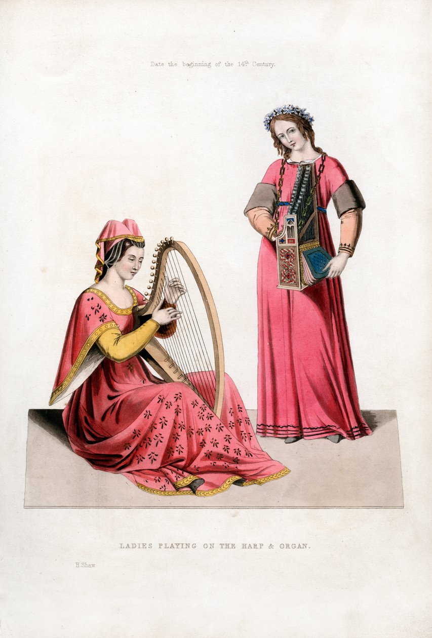 Dámy hrající na harfu a varhany, počátek 14. století, 1843. od Henry Shaw