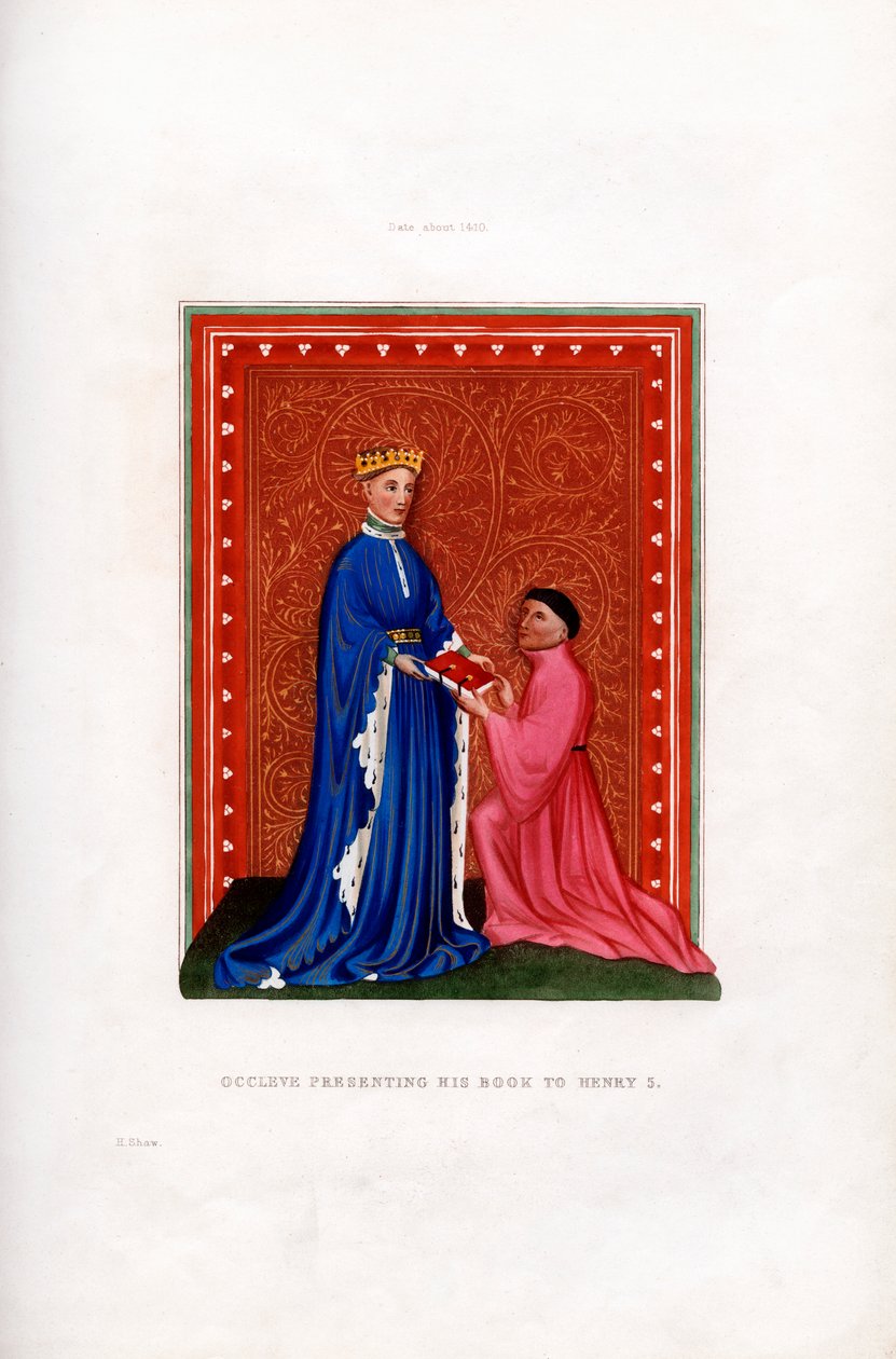 Occleve představuje svou knihu Jindřichu V., c1410, 1843. od Henry Shaw