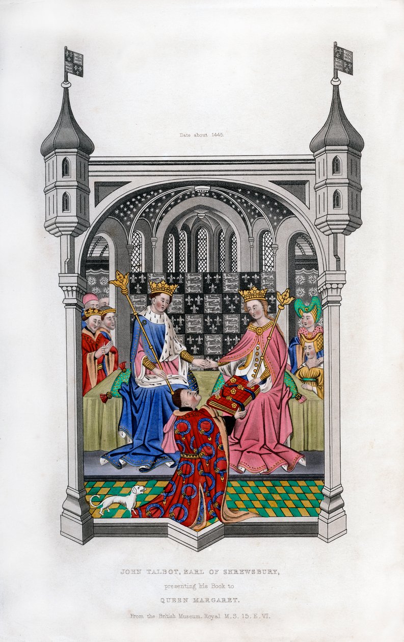 Hrabě ze Shrewsbury představuje svou knihu královně Margaret, c1445, 1843. od Henry Shaw