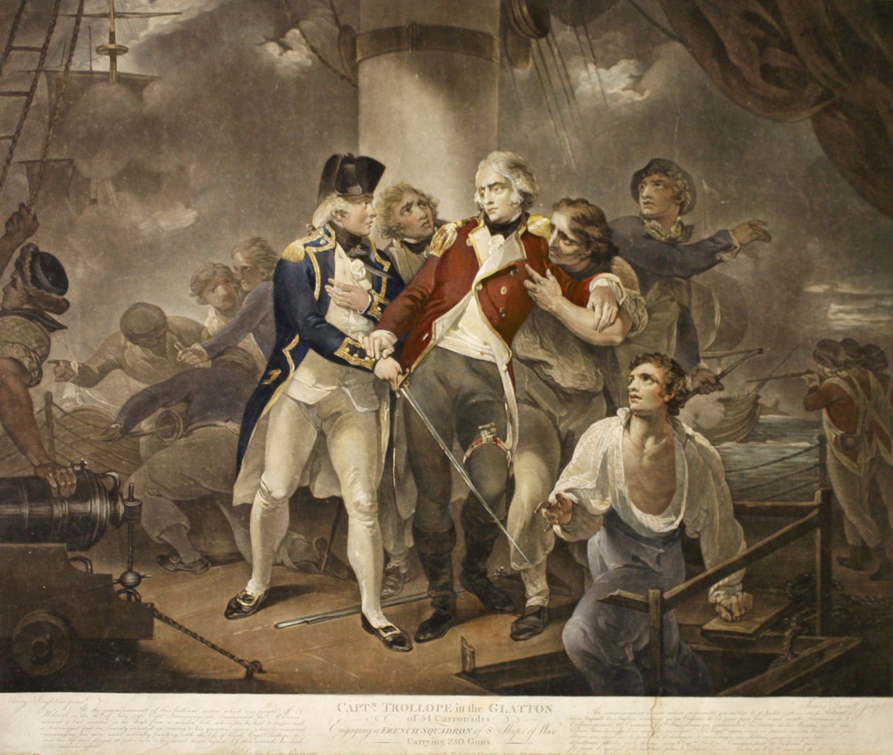 Kapitán Trollope v Glatton of 54 Carronades Angažmá francouzské eskadry 8 válečných lodí nesoucích 230 děl, vyryto Jamesem Daniellem, 1797 (mezzotinta) od Henry Singleton