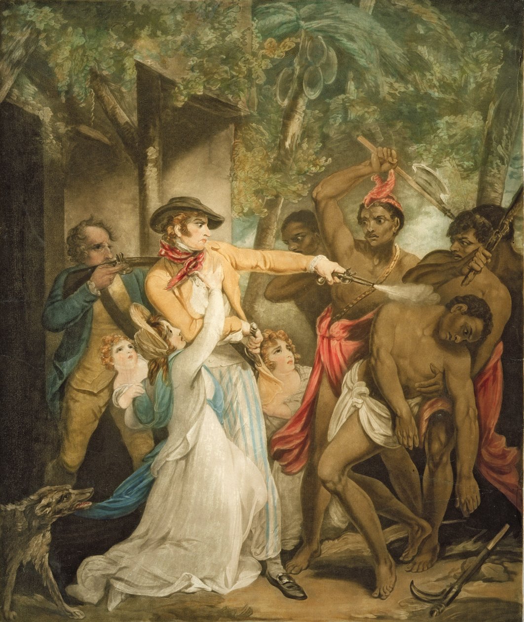 The Settling Family Attacked by Savages, vyrytý George Keatingem (1762-1842) (akvatinta) od Henry Singleton
