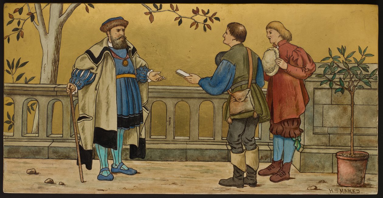 The Justice, deska zobrazující ilustrace ze Shakespeares Seven Ages, Minton ware, Staffordshire, 1874 (smaltované hliněné nádobí) od Henry Stacey after Marks