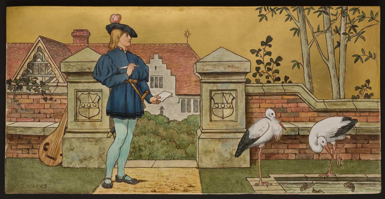 The Lover, plaketa zobrazující ilustrace ze Shakespeares Seven Ages, Minton ware, Staffordshire, 1874 (smaltovaná kamenina) od Henry Stacey after Marks