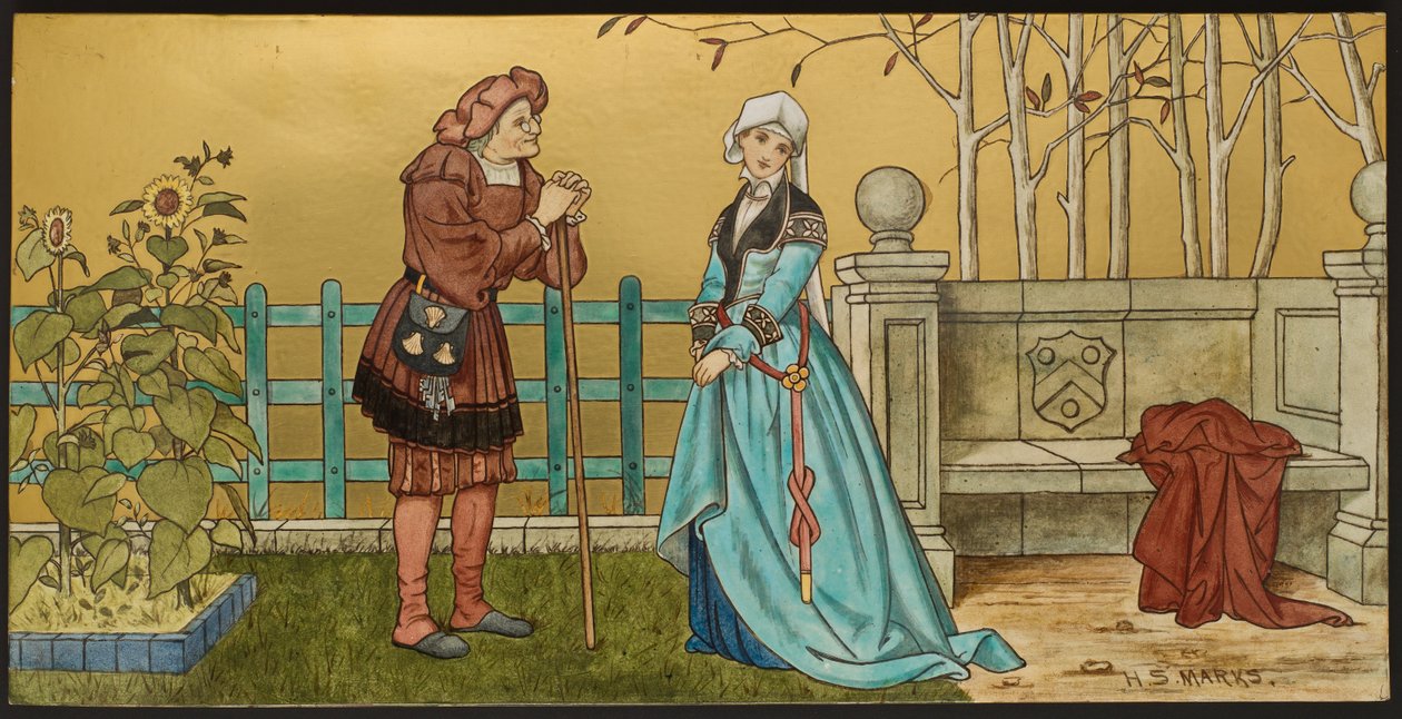 Pantaloon, plaketa zobrazující ilustrace ze Shakespeares Seven Ages, Minton ware, Staffordshire, 1874 (smaltovaná kamenina) od Henry Stacey after Marks