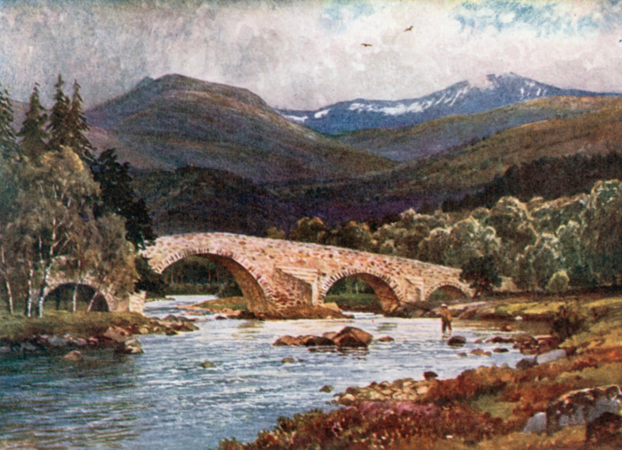 Old Mar Bridge a Lochnagar, Aberdeenshire (barevná litografie) od Henry Sutton Palmer