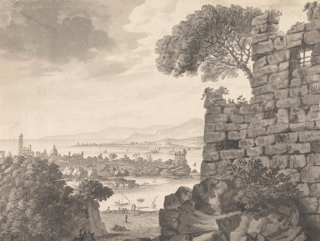 Krajina s ruinami v popředí, přístav a vesnice, v pozadí od Henry Swinburne