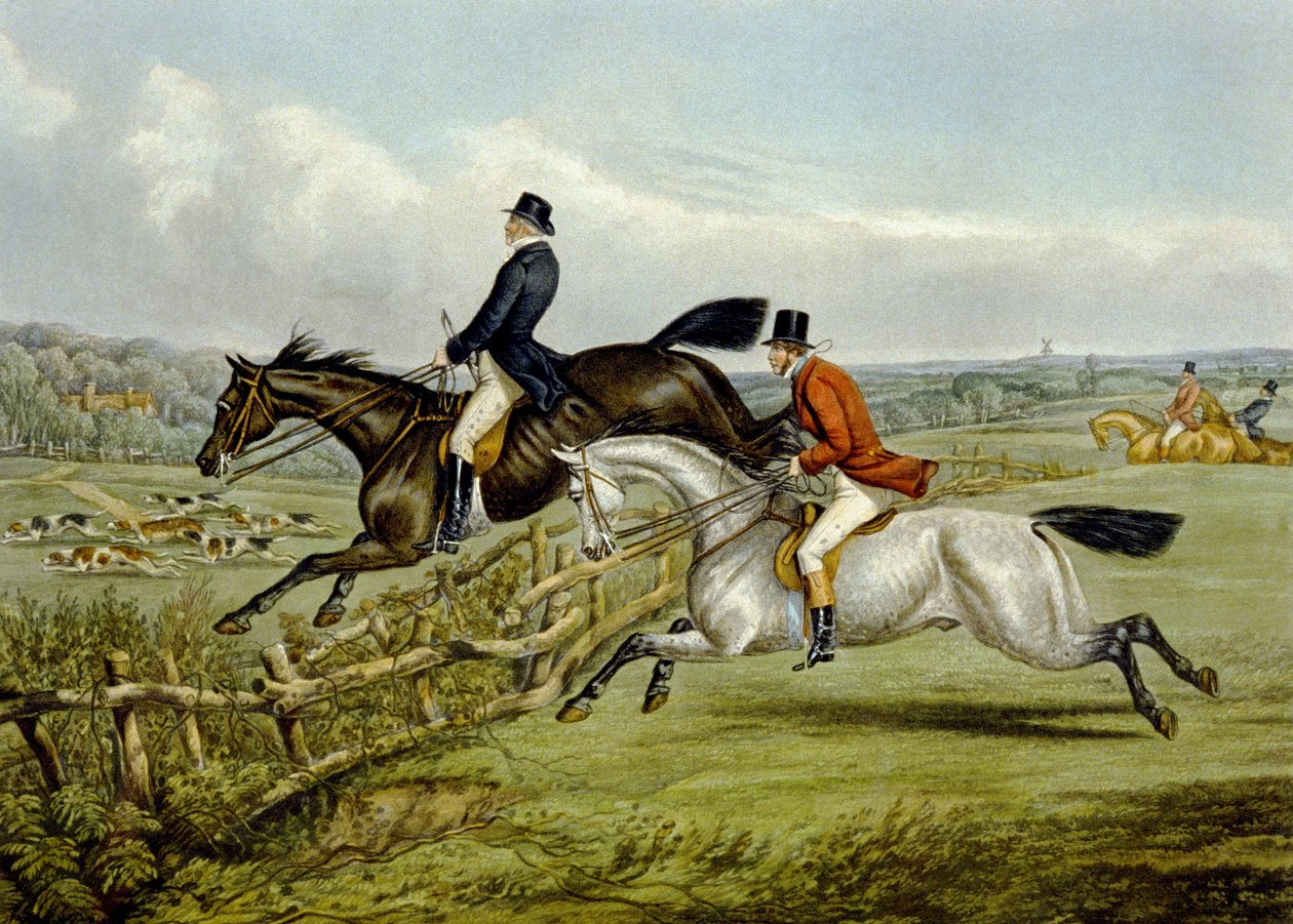 Skákání, deska z „The Right and The Wrong Sort“, ve Fores Hunting Sketches, vyryté Johnem Harrisem od Henry Thomas (after) Alken