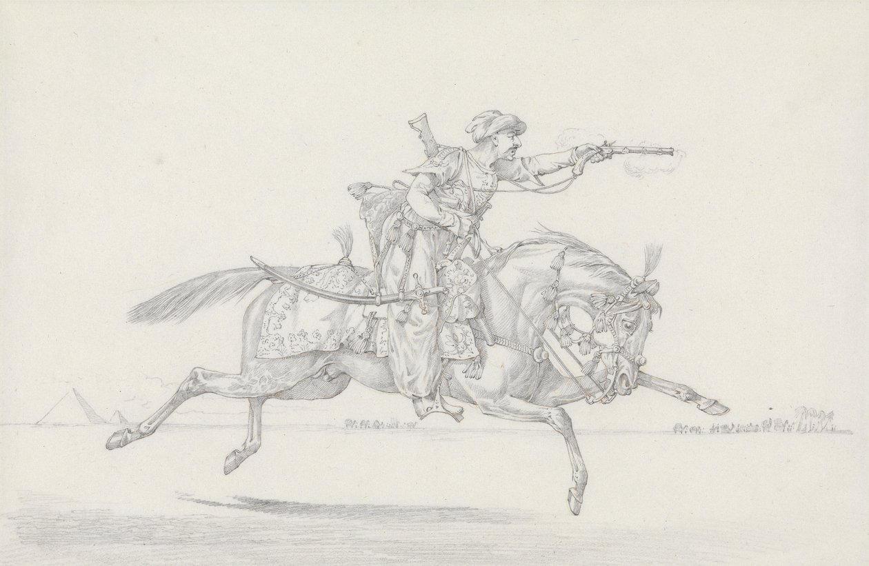 Nabíjející se Mameluke střílí z pistole (grafit a červená křída na papíře) od Henry Thomas Alken