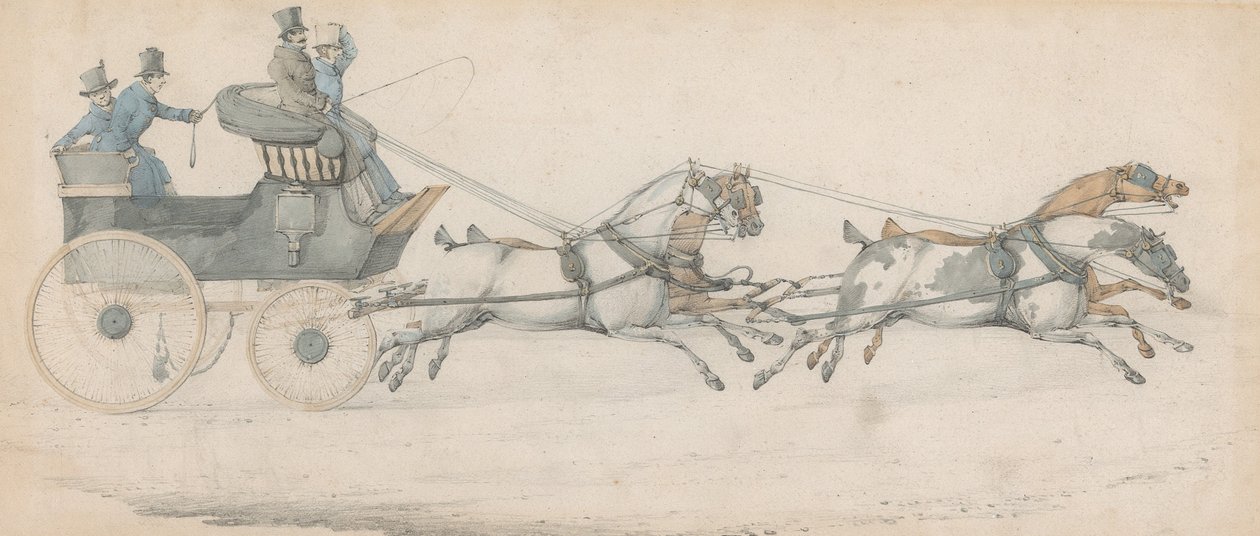 Gentleman řídící čtyřspřeží před poštovním faetonem, doprovázený třemi stájníky od Henry Thomas Alken