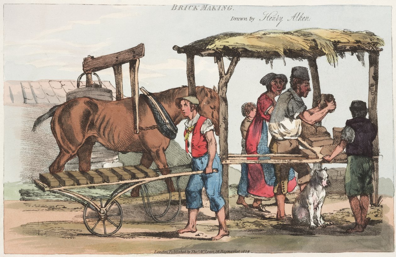 Brick Making, publikoval Thomas Mclean z Haymarket, 1824 (barevný lept) od Henry Thomas Alken