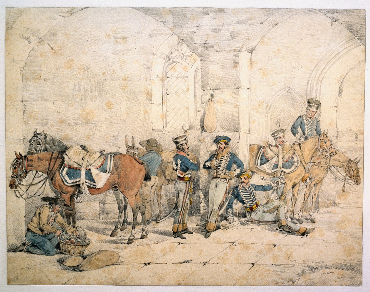Husaři na poloostrově, možná 1. husaři, královská německá legie, circa 1808 od Henry Thomas Alken