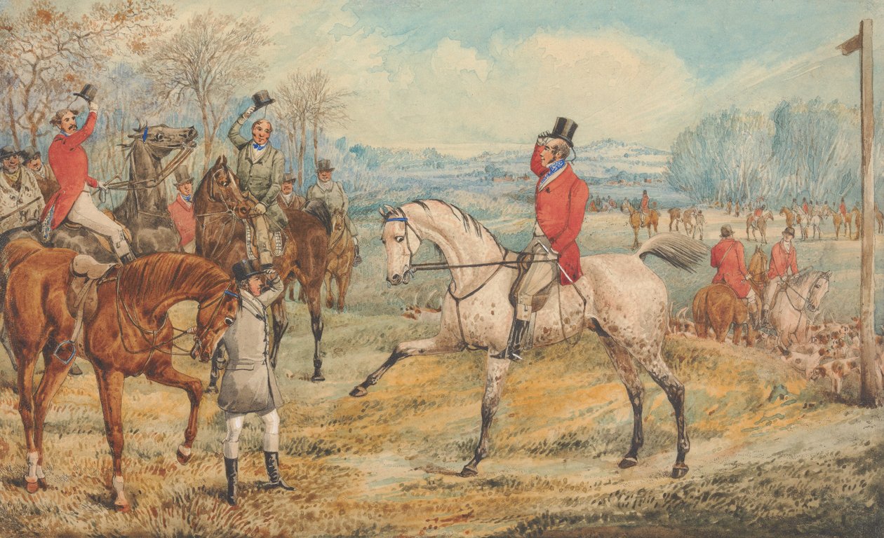 Ilustrace k dílu R. S. Surteese „The Analysis of the Hunting Field“: setkání: „S jasnými tvářemi a veselými srdci“ od Henry Thomas Alken